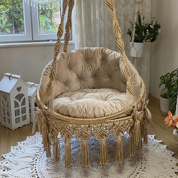 Chaise balancelle en macramé de style bohème fabriquée à la main – Pour intérieur/extérieur – Capacité de 158,8 kg – Balançoire en macramé pour salon, véranda et terrasse – Corde en coton confortable