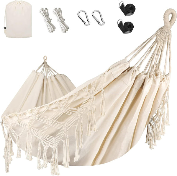 Bellzacasa große brasilianische Hängematte, Stoff Camping Hängematte mit tragbaren Taschen Seilen zum Aufhängen von Bäumen weiche Streifen Leinwand Baumwolle (Beige)