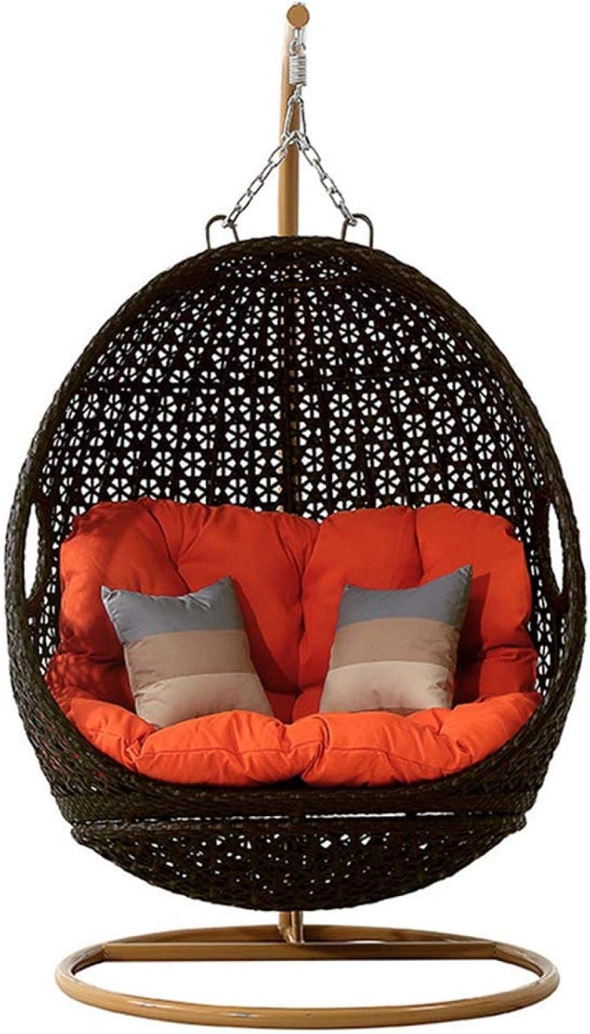 Fröhlicher Rattan-Hängesessel aus Rattan, Schaukel, Hängematte, Eierstühle, Aluminiumrahmen mit wasserabweisenden Kissen, Schaukelstuhl für den Innenbereich, Holzfarbe (Farbe: Dunkelbraun)