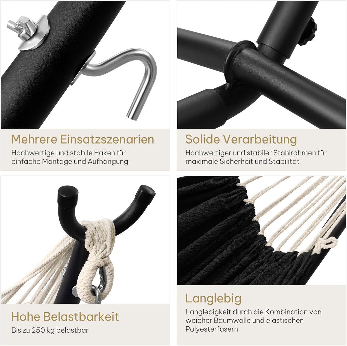 Laneetal Hängematte mit Gestell,Hängematte Indoor & Outdoor, Doppel für 2 Personen, 250 kg belastbar,mit Tragtasche, für Indoor Schwimmbad Terrasse Hof Garten Balkon (Schwarzkohle, 280 * 106 * 100cm)