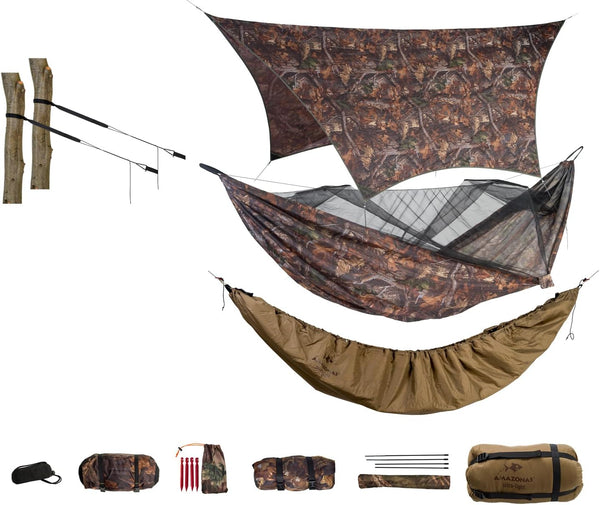 AMAZONAS Ultra-Leichtes Winter-Set Forest - Hängematte, Aufhängung, Tarp, Underquilt-Poncho - Outdoor-Genuss ab 0 Grad, Hochwertige Qualität und stilvolles Design, nur 1,22 kg, Ultraleicht