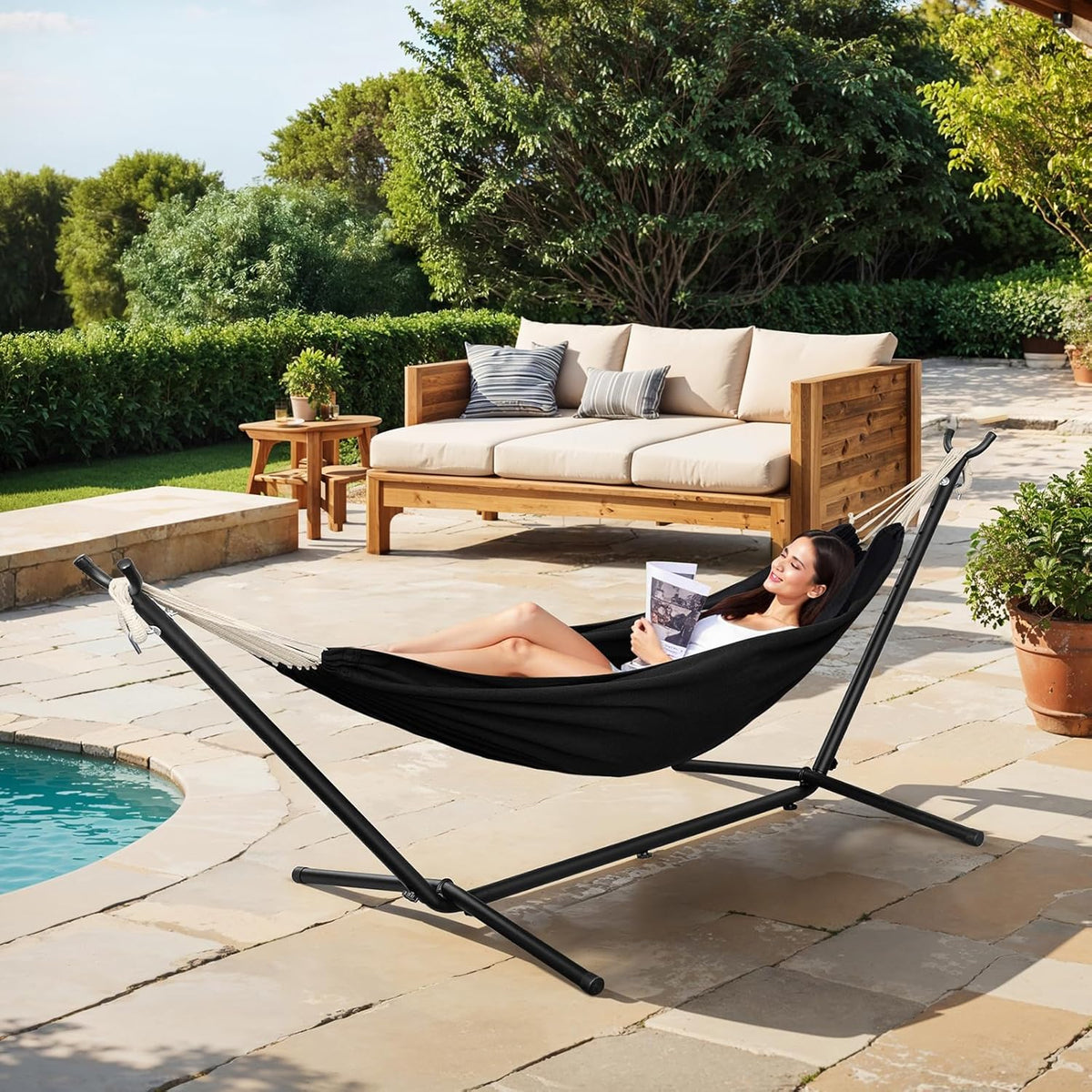 Laneetal Hängematte mit Gestell,Hängematte Indoor & Outdoor, Doppel für 2 Personen, 250 kg belastbar,mit Tragtasche, für Indoor Schwimmbad Terrasse Hof Garten Balkon (Schwarzkohle, 280 * 106 * 100cm)