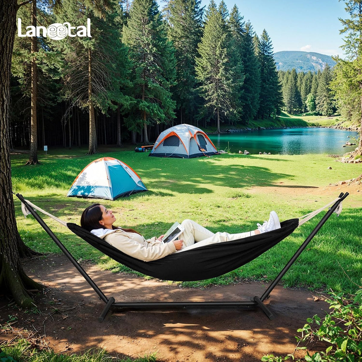 Laneetal Hängematte mit Gestell,Hängematte Indoor & Outdoor, Doppel für 2 Personen, 250 kg belastbar,mit Tragtasche, für Indoor Schwimmbad Terrasse Hof Garten Balkon (Schwarzkohle, 280 * 106 * 100cm)
